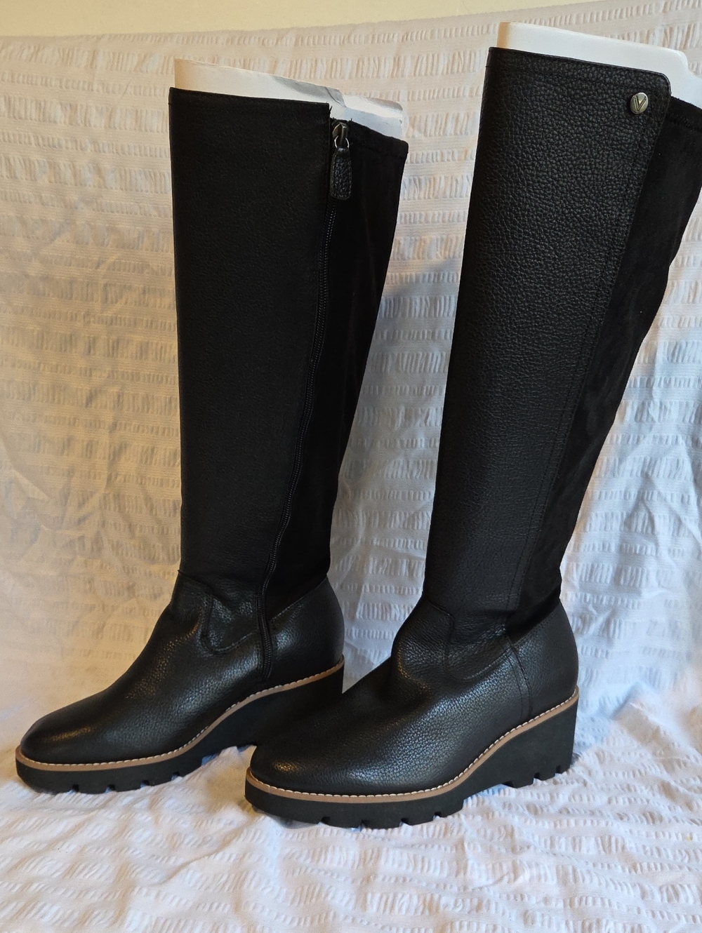 Vionic Ashland Leather Tall Wedge Boots Black 7W Wide